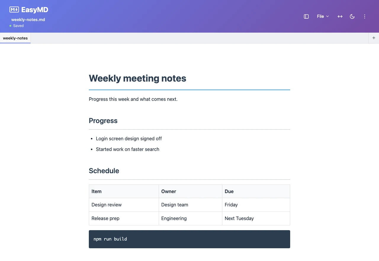 The EasyMD editor showing a weekly meeting notes document with headings, a bulleted list, a three-column table, and a code block